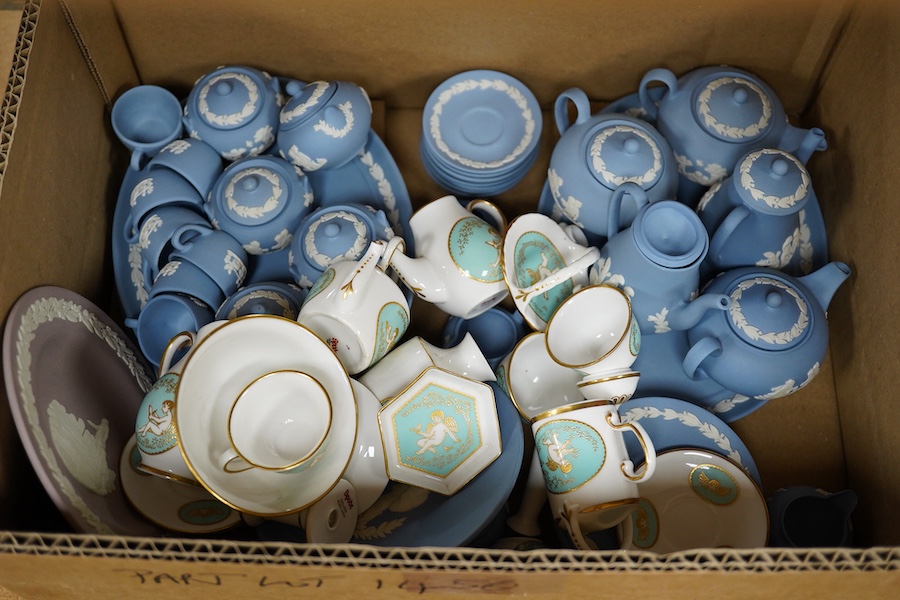 A collection of mixed Wedgwood jasperware, Coalport and Spode miniature teawares.